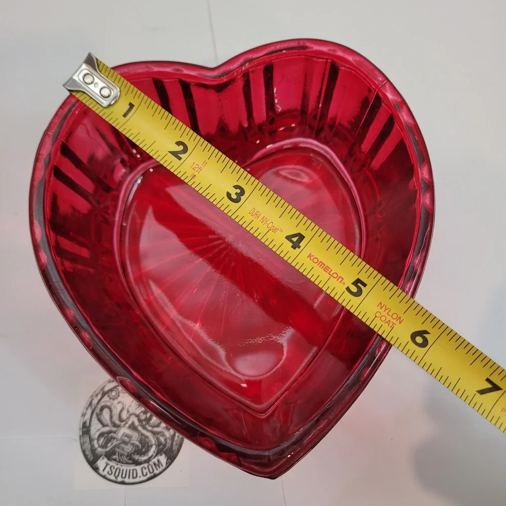 Vintage Heart Pressed Glass Dish Ruby Red Ribbed Sunburst Base Trinket Love 5.5
